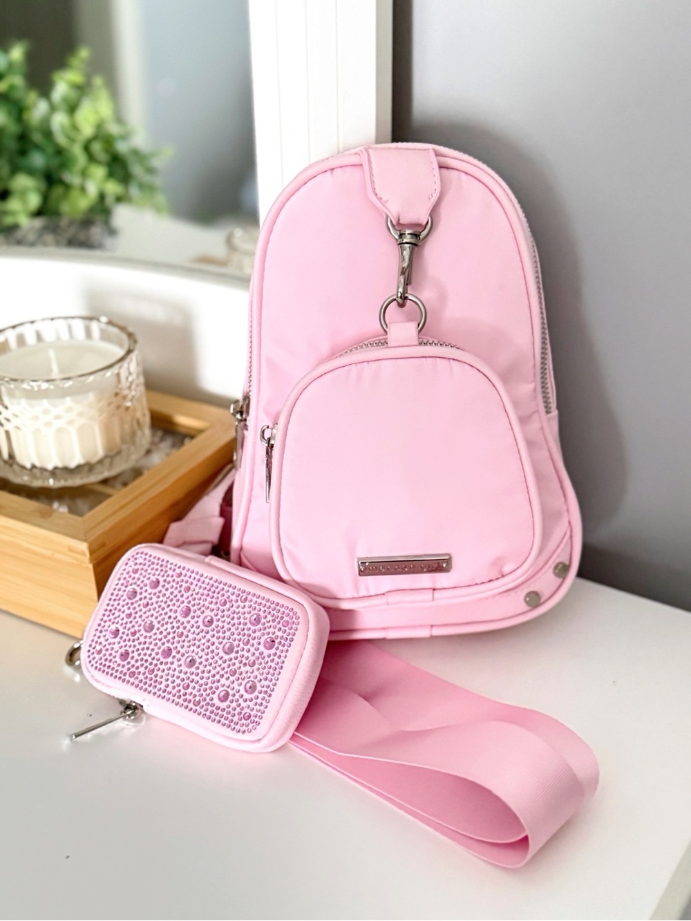 Madden Girl Pink Sling Bag NWT Crossbody Backpack Matching Rhinestone Zip Pouch
